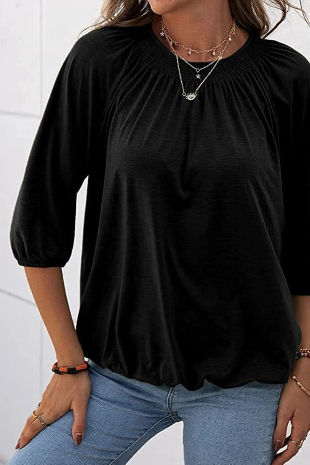 Full Size Gathered Detail Round Neck T-Shirt