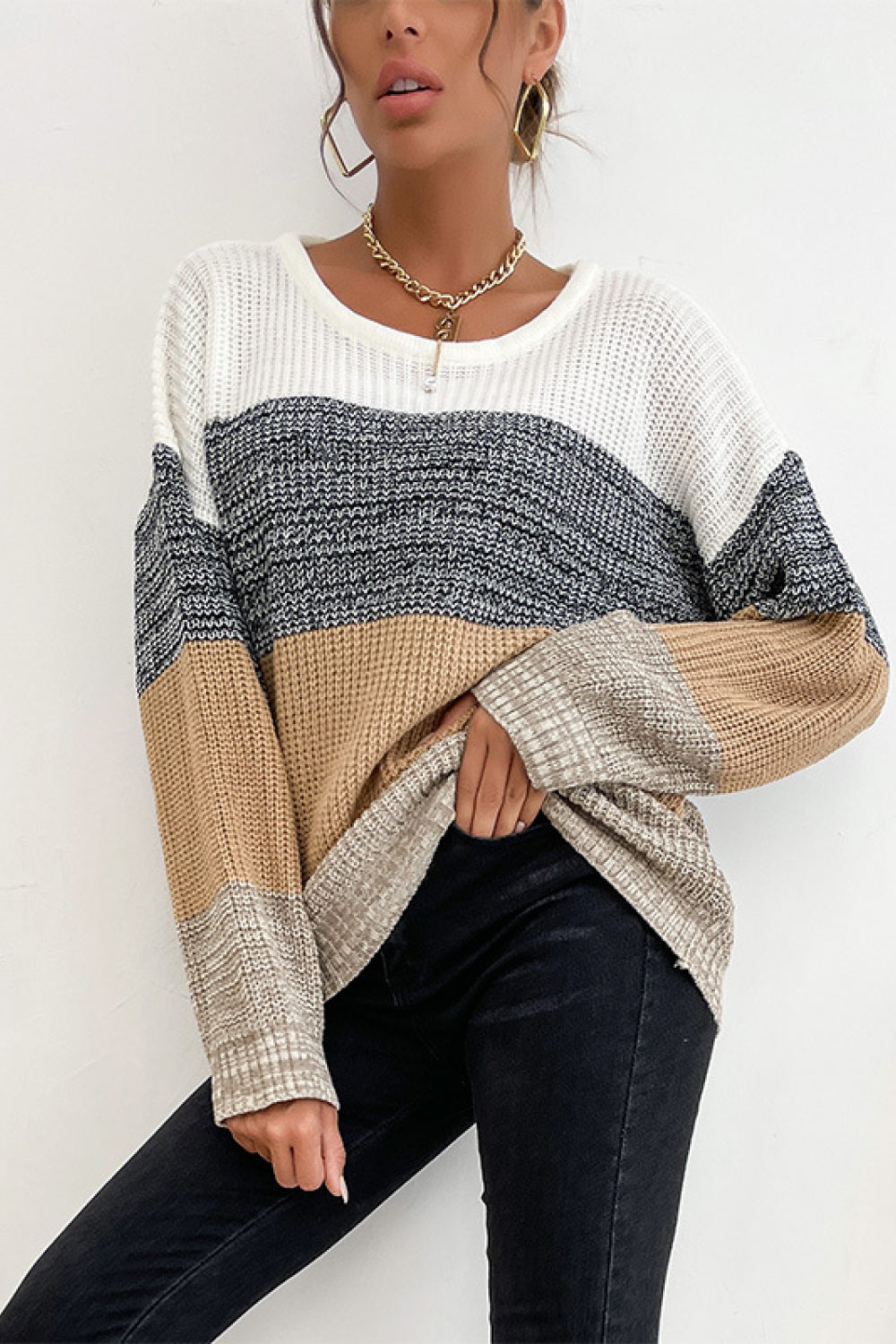 Women's Striped Round Neck Long Sleeve Sweater