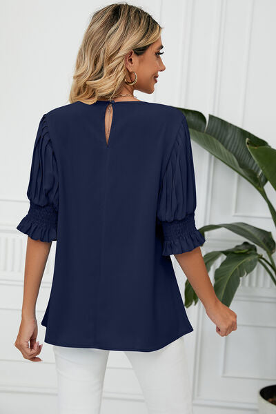 Frill Round Neck Lantern Sleeve T-Shirt