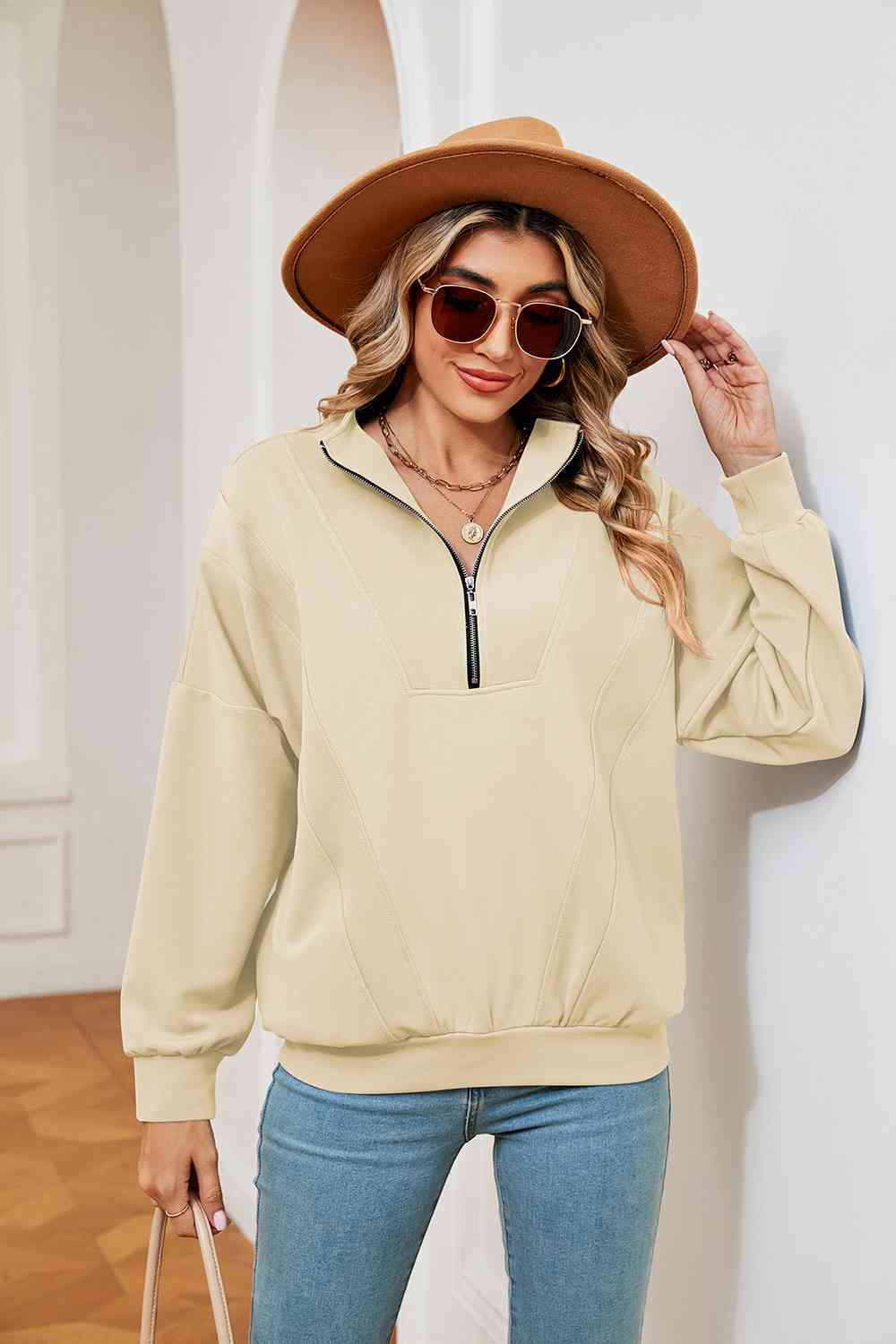 Full Size Half-Zip Dropped Shoulder Sweatshirt