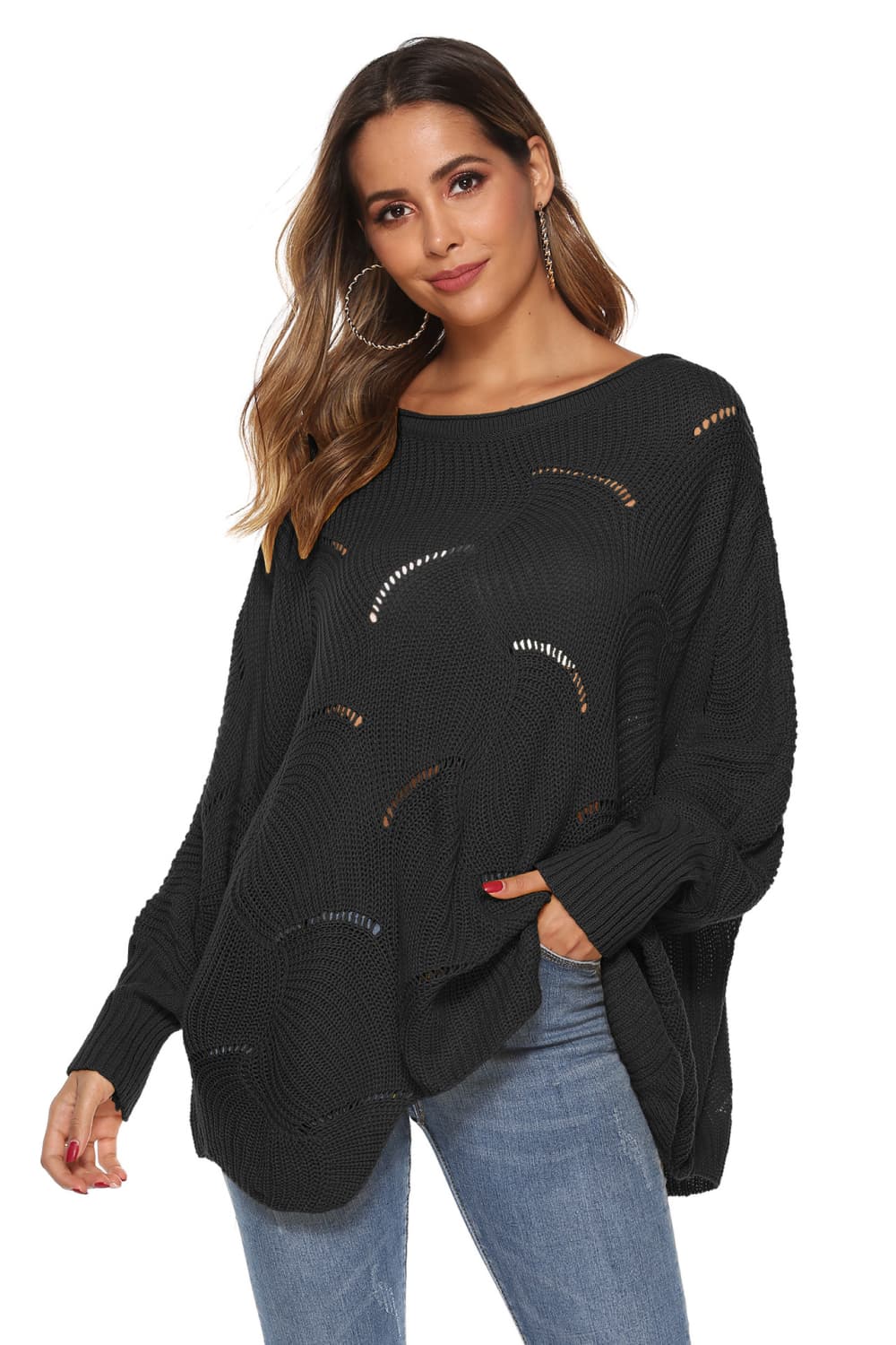 Full Size Round Neck Long Sleeve Openwork Sweater