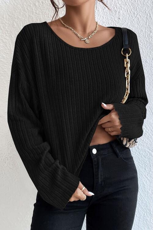 Laken Jay Ribbed Round Neck Drop Shoulder Long Sleeve Top