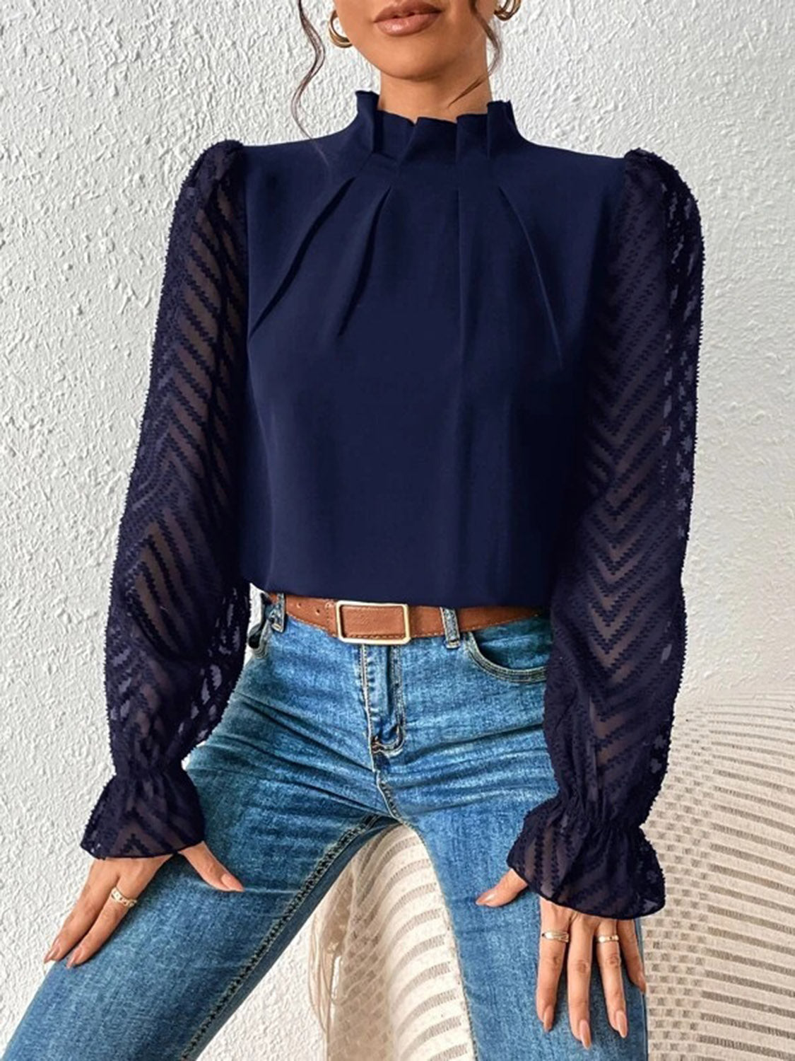 Full Size Mock Neck Flounce Sleeve Blouse