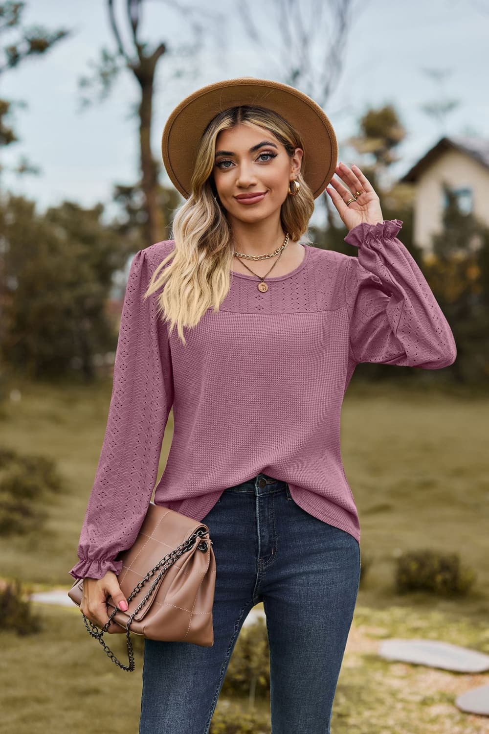 Full Size Round Neck Puff Sleeve Blouse