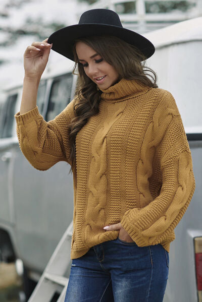 Isabella Cable-Knit Turtleneck Dropped Shoulder Sweater