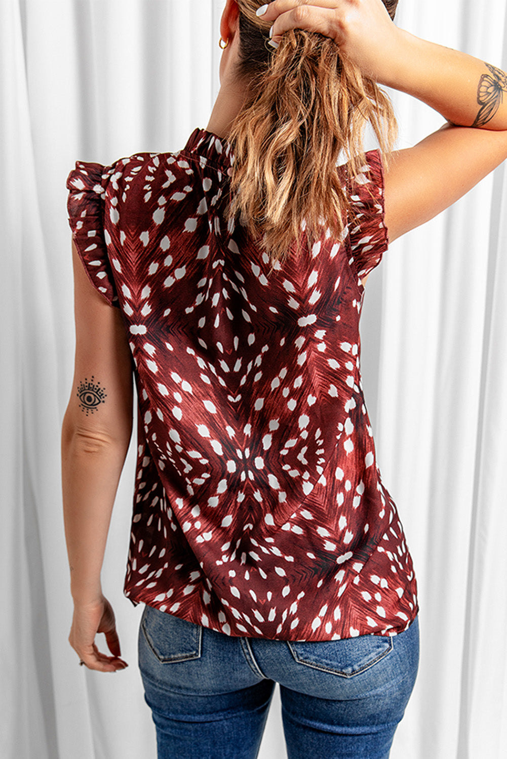 Full Size Printed Ruffle Shoulder Blouse