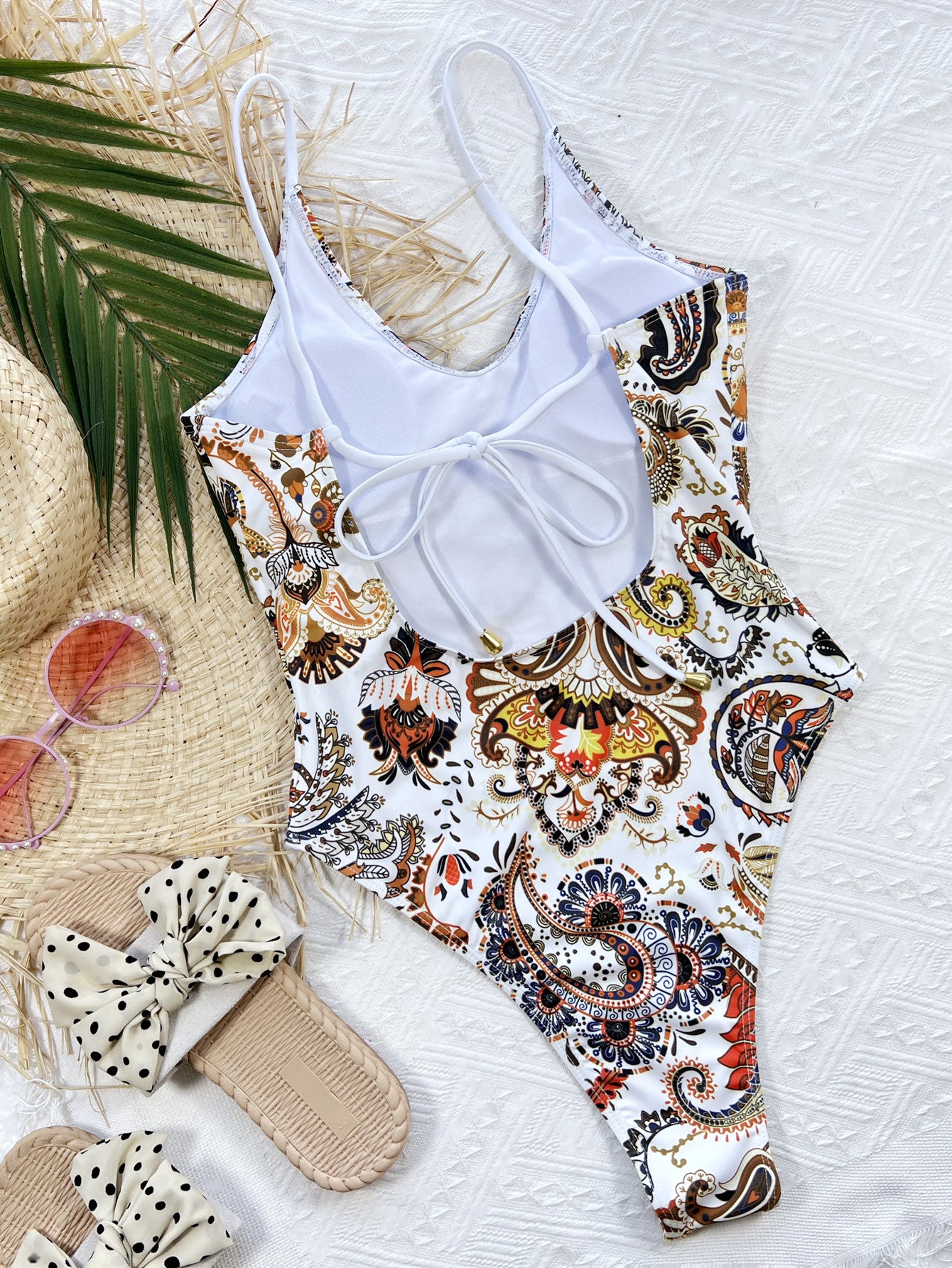 SOSPICY Printed Tie Back Scoop Neck One-Piece Swimsuit