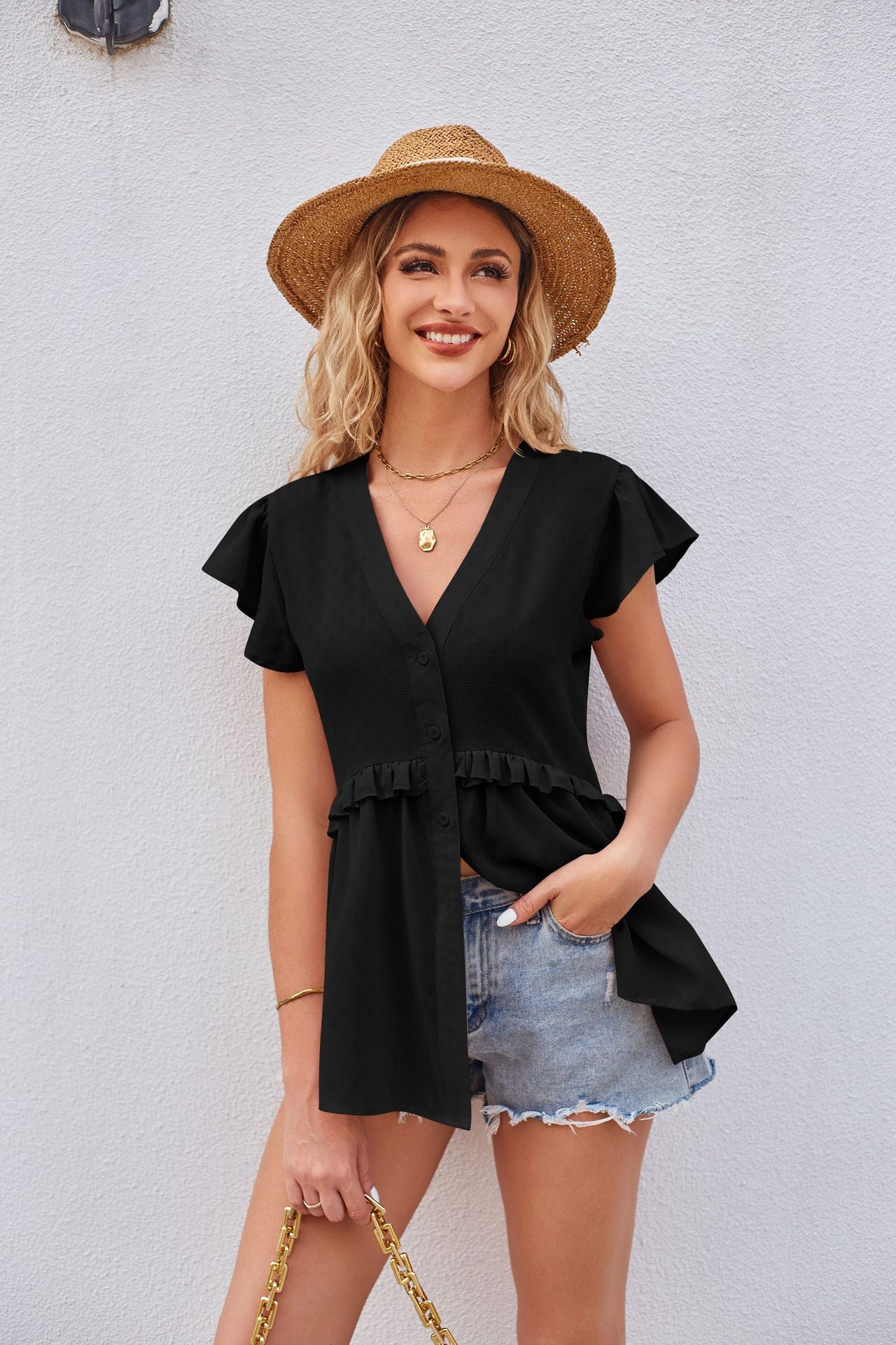 Full Size Buttoned V-Neck Ruffle Trim Top