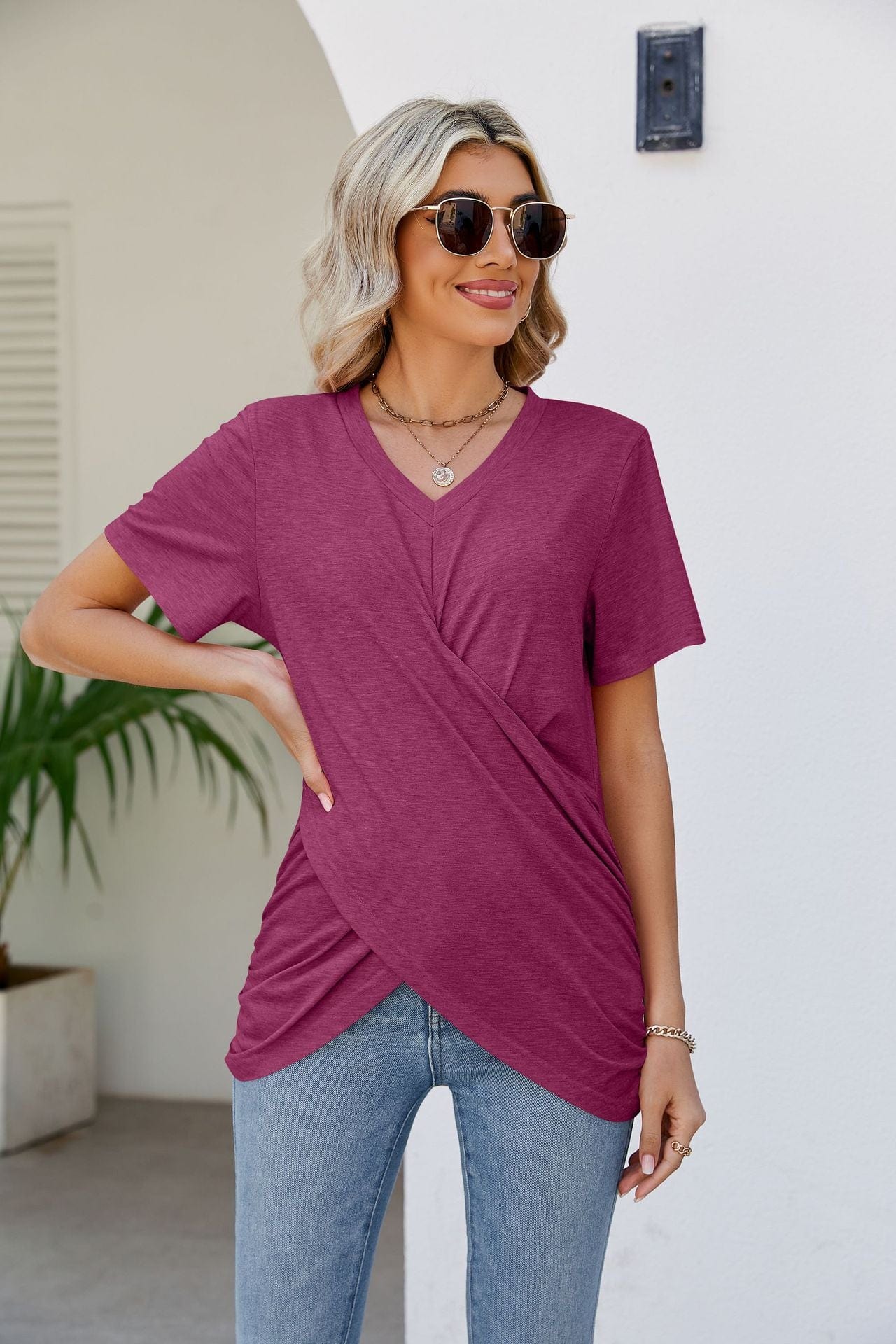 Full Size V-Neck Crisscross Short Sleeve Tee