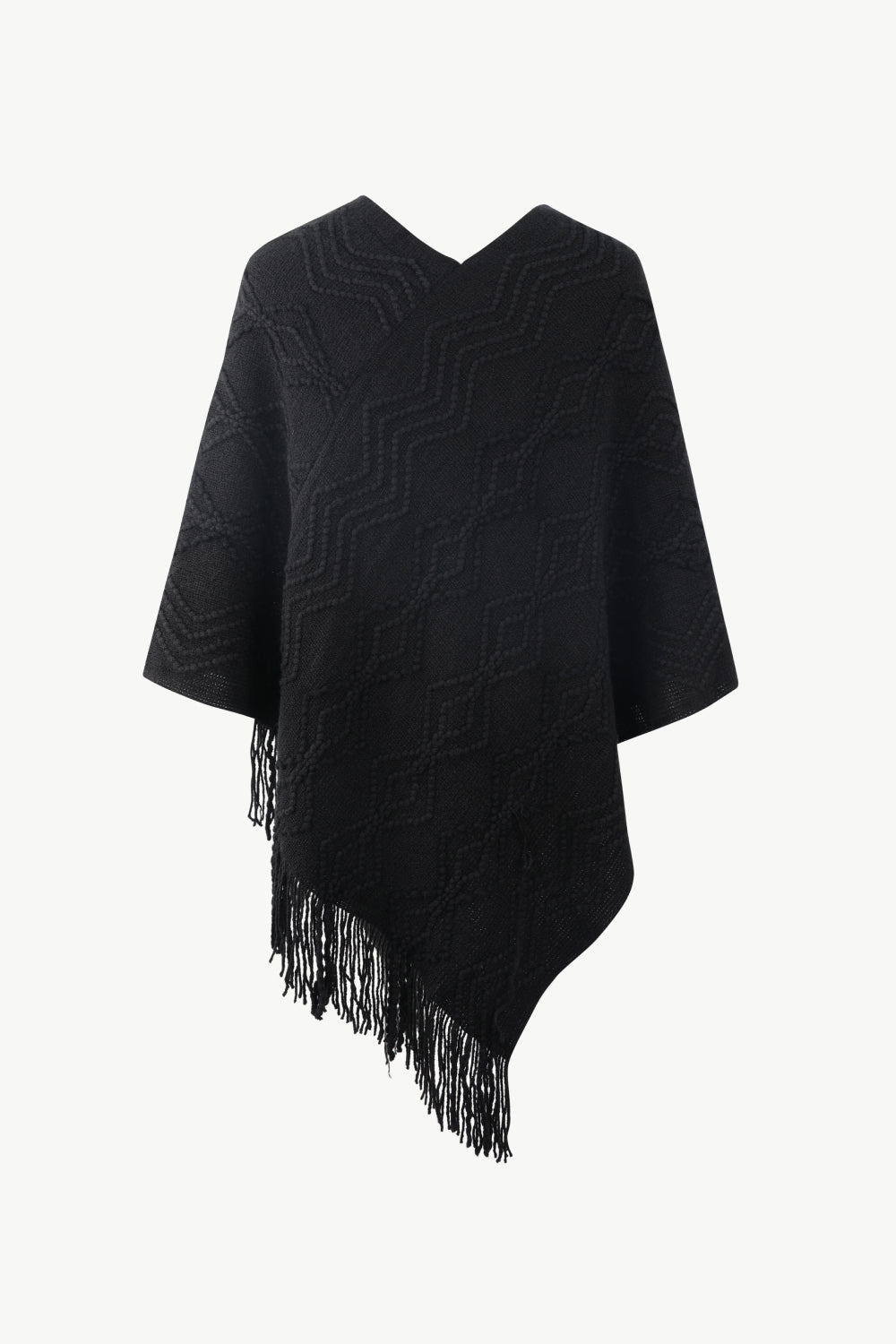 One Size Pearl Trim V-Neck Fringe Hem Poncho