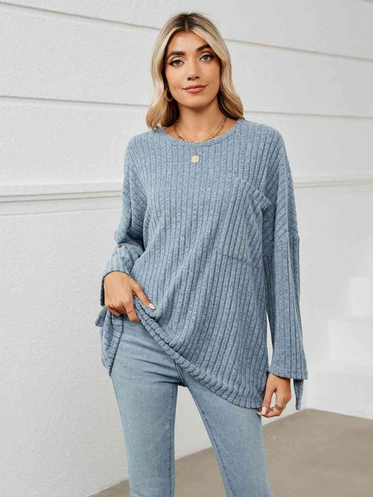 Full Size Round Neck Ribbed Long Sleeve T-Shirt