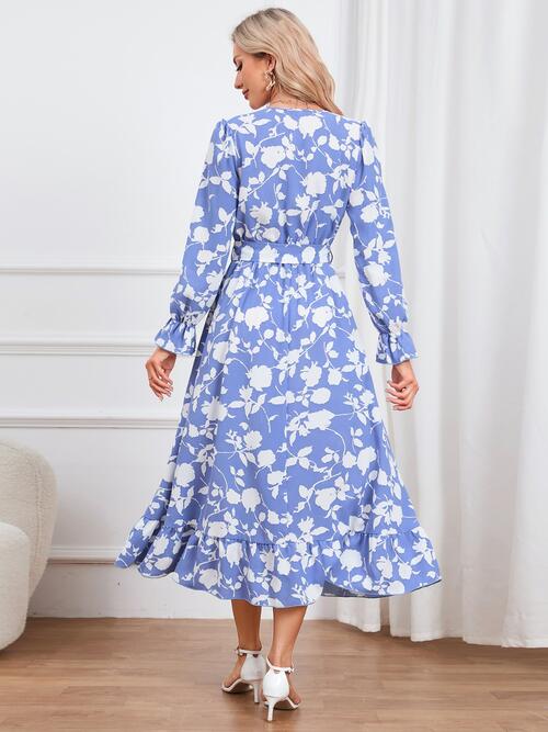 H.Y.G@E Attire Floral Surplice Flounce Sleeve Ruffle Hem Dress