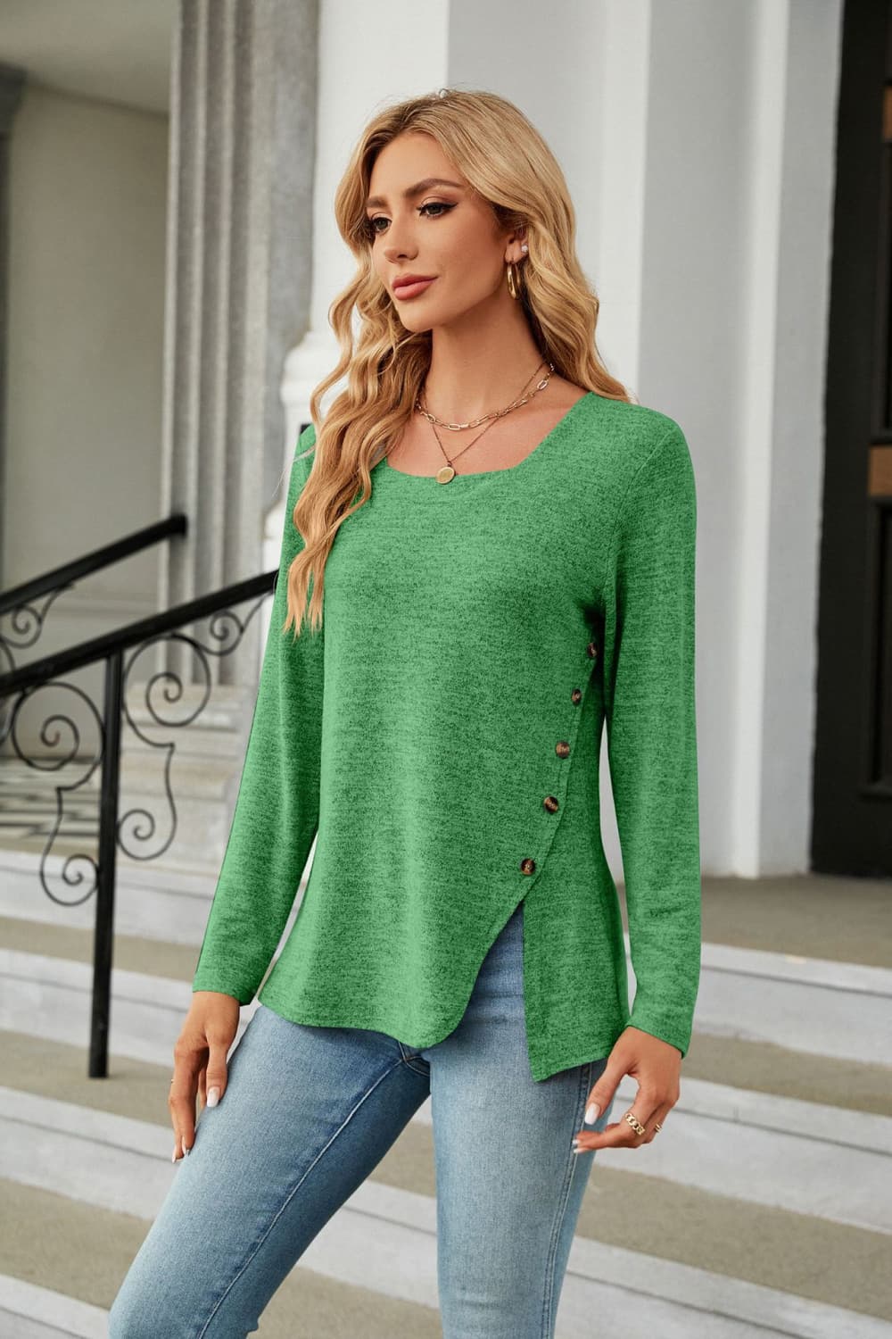 Full Size Square Neck Long Sleeve Slit T-Shirt