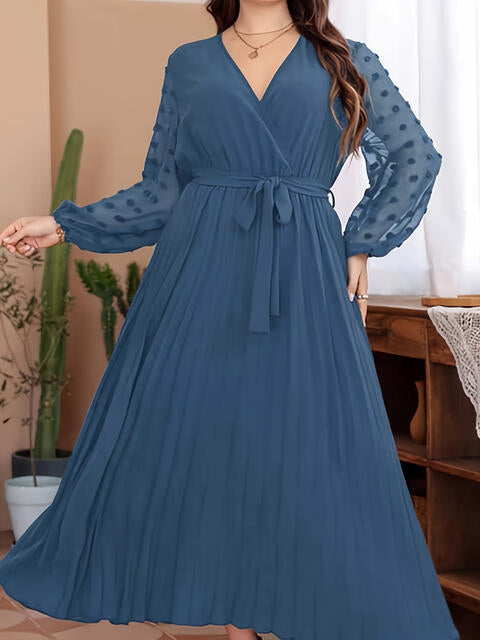Plus Size Peacock Blue Swiss Dot Tie Waist Maxi Dress