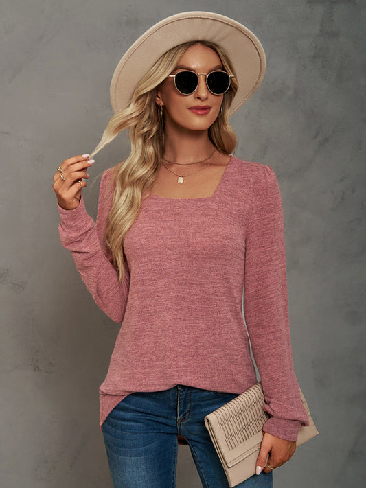 Full Size Heathered Square Neck Long Sleeve T-Shirt