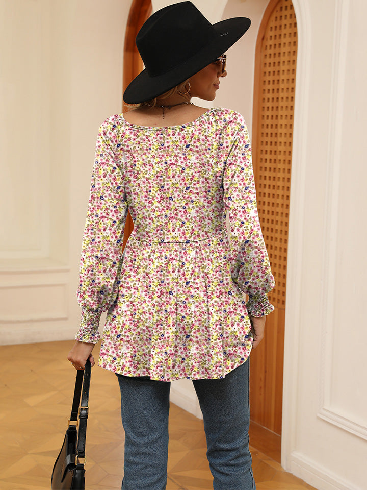 Full Size Printed V-Neck Lantern Sleeve Blouse