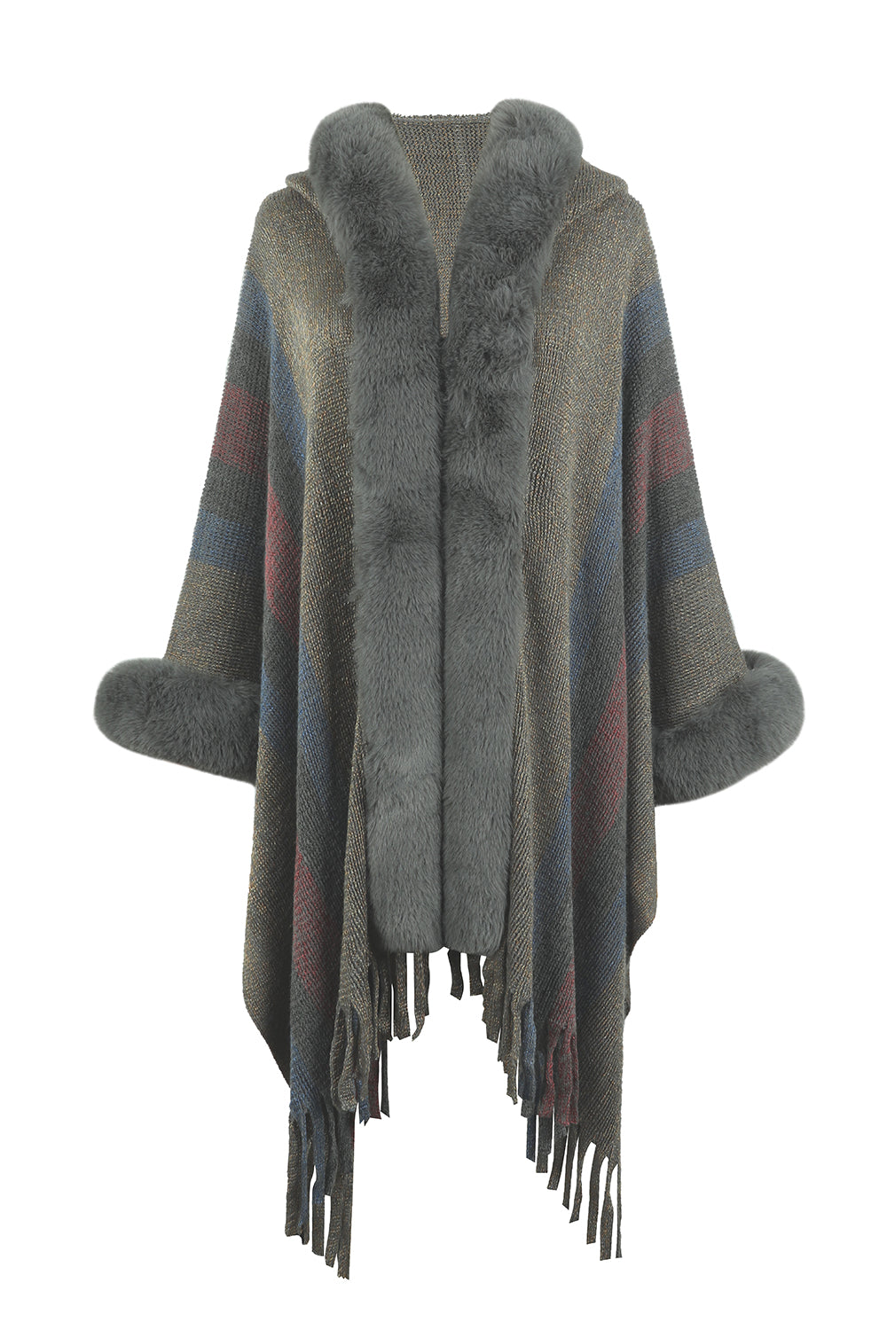 One Size Color Block Fringe Detail Poncho