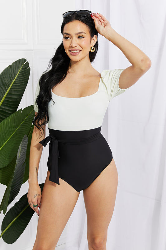 Women's Marina West Swim Salty Air Puff Sleeve One-Piece Swimsuit in Cream/Black