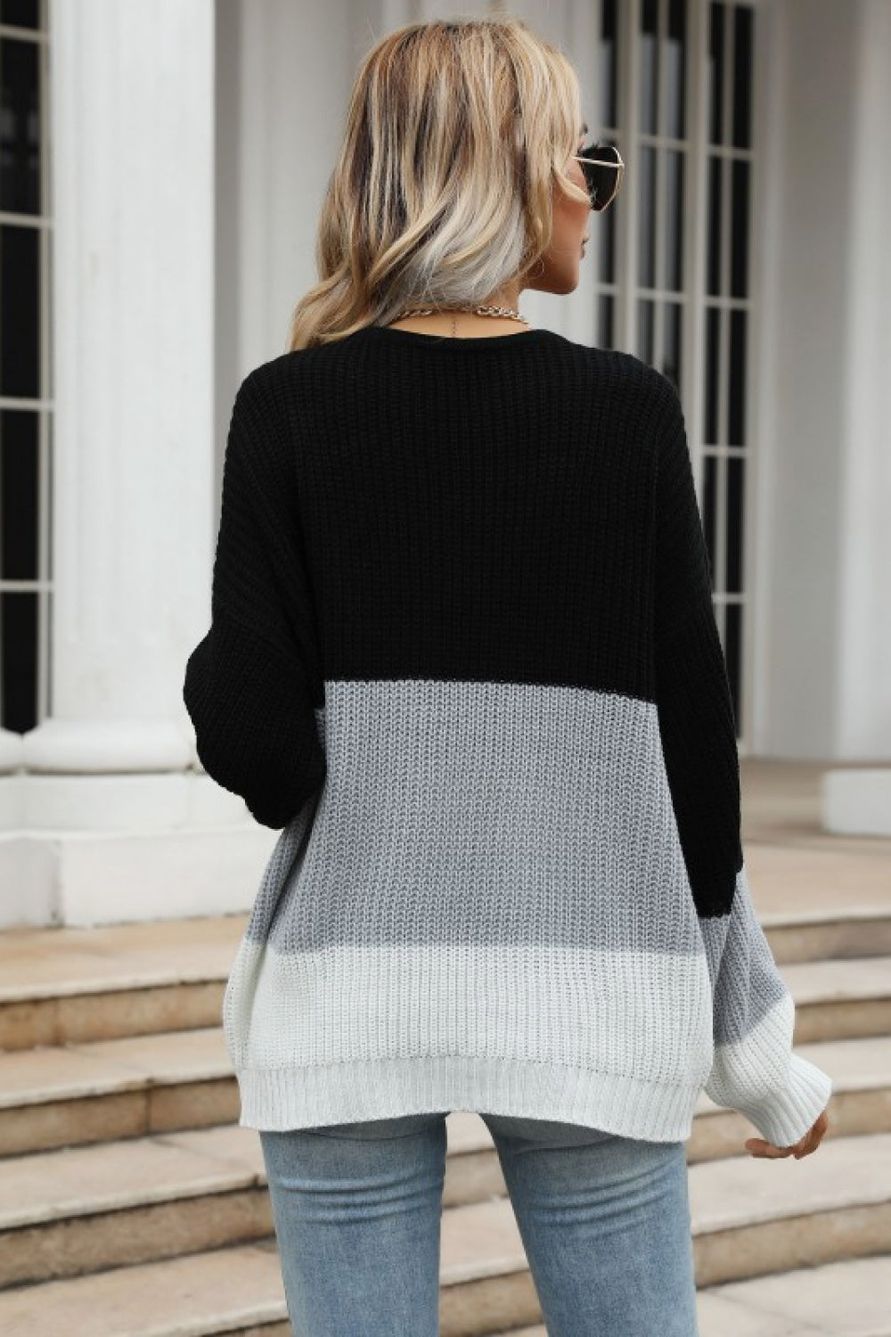 Women's Color Block Long Sleeve Chunky Knit Sweater