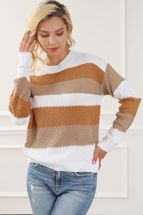 LoveByHannah Striped Round Neck Ochre Long Sleeve Knit Top