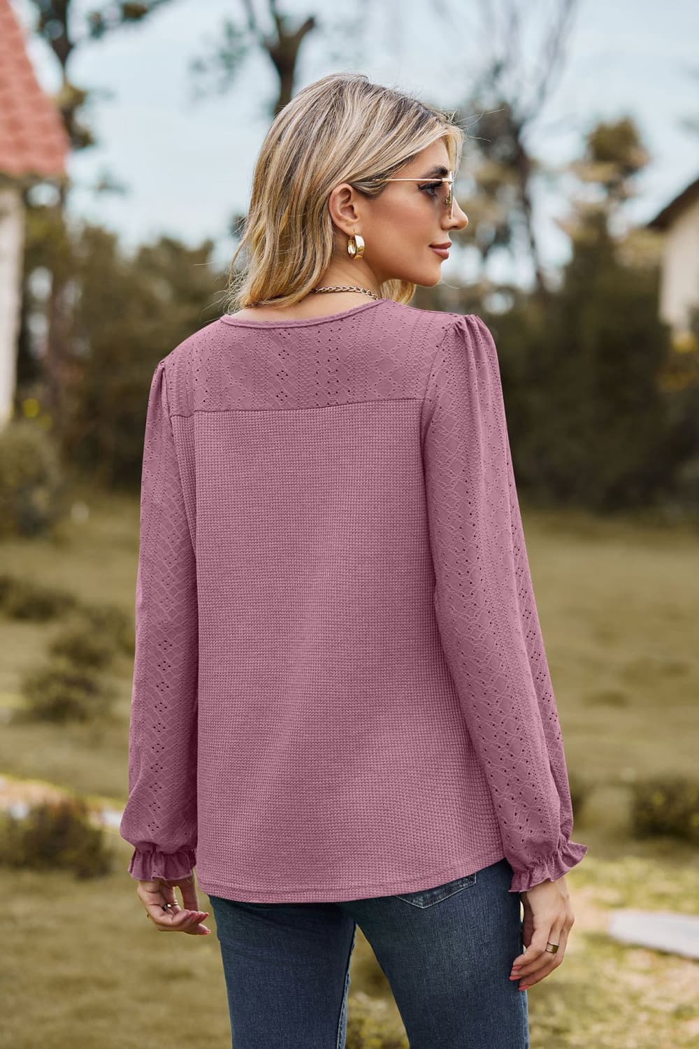 Full Size Round Neck Puff Sleeve Blouse