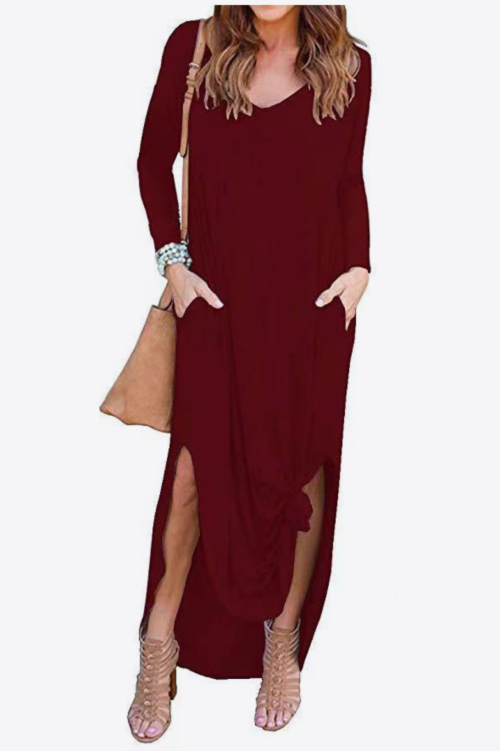 Women's Full Size Split Long Sleeve V-Neck Maxi Dress