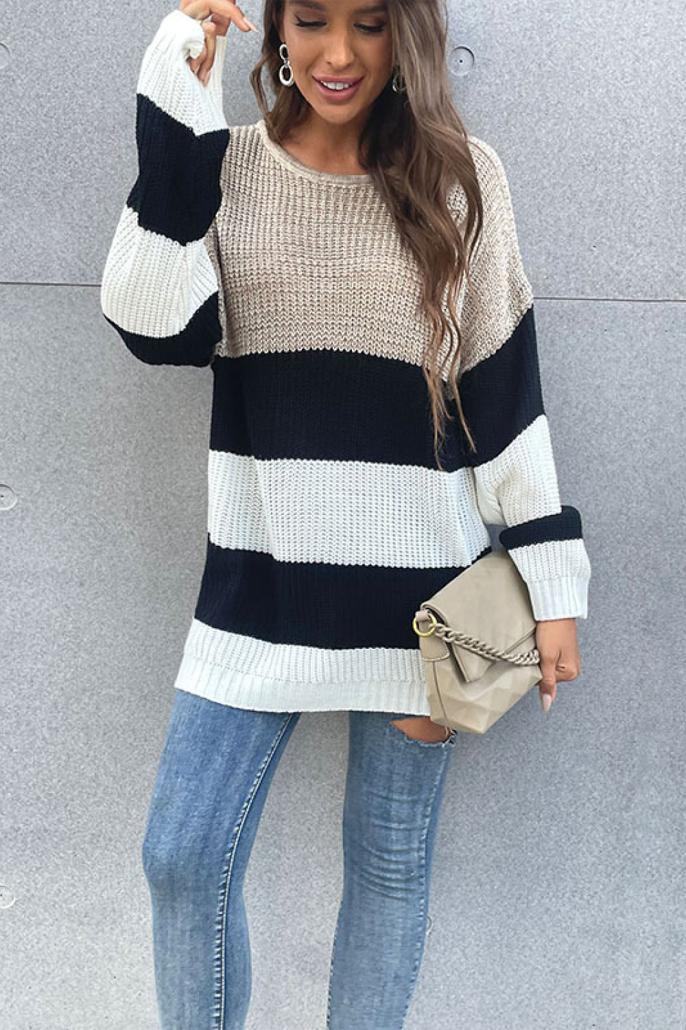 Women's Color Block Striped Long Sleeve Sweater