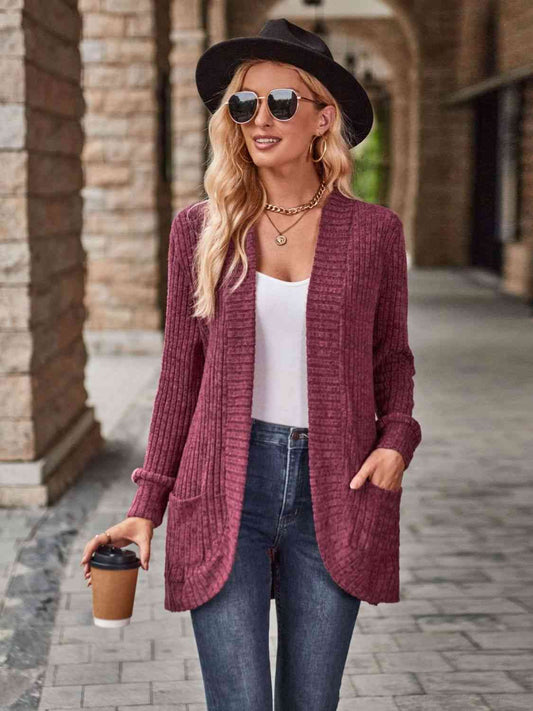 Full Size Open Front Cardigan with Pockets