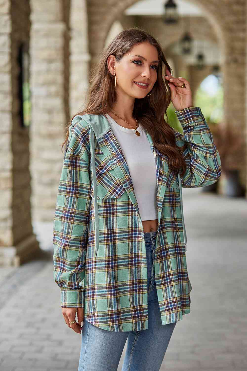 Full Size Plaid Long Sleeve Hooded Jacket