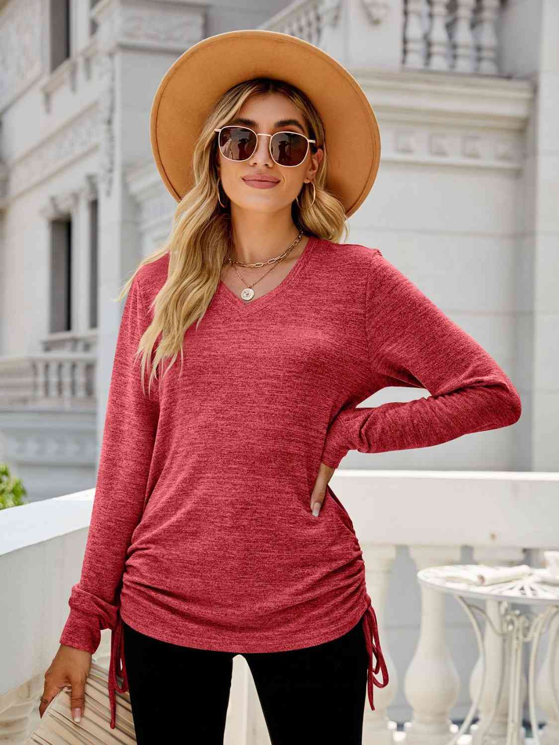 Full Size Drawstring V-Neck Long Sleeve T-Shirt