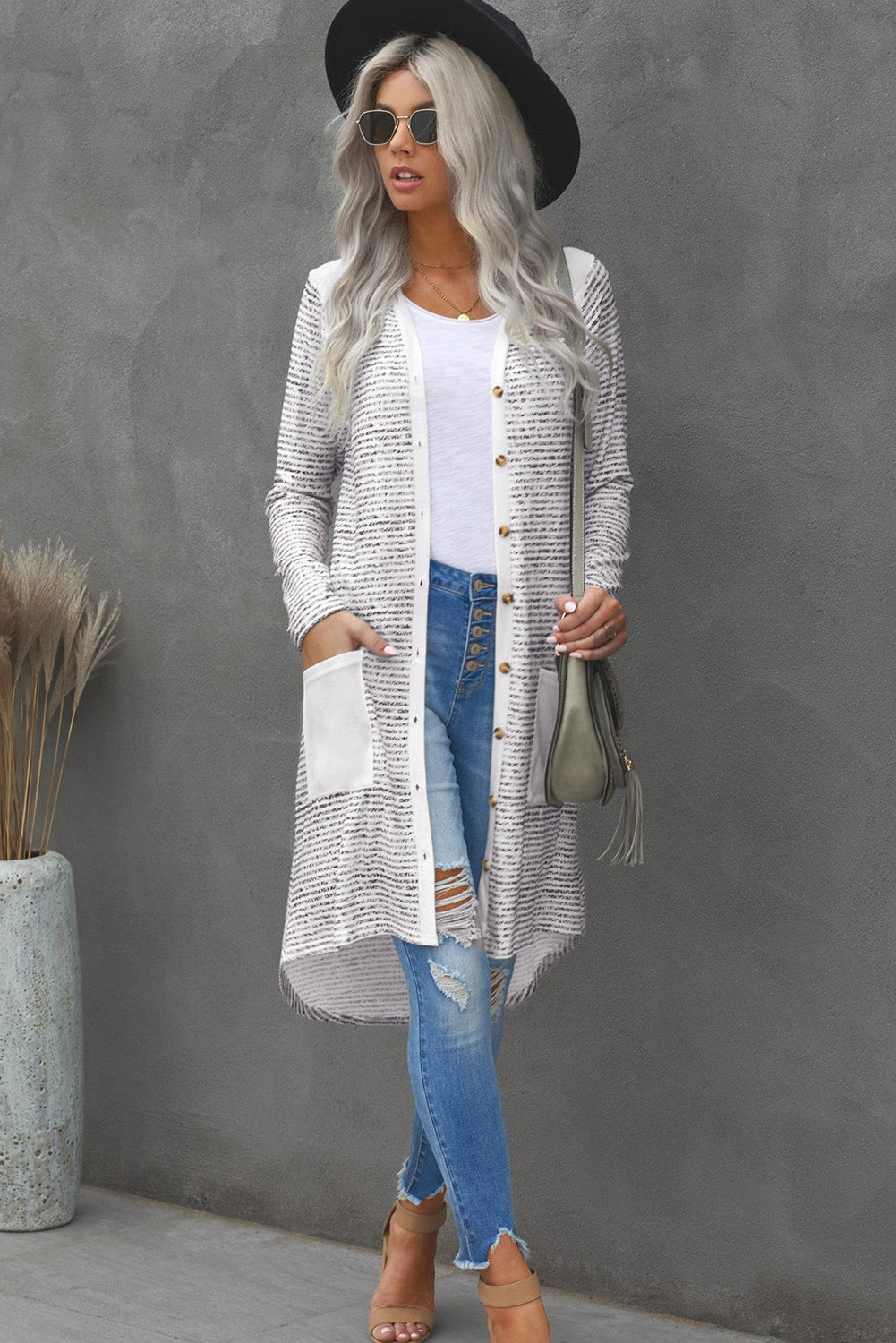 Full Size White Striped Leopard Patchwork Duster Cardigan with Pockets