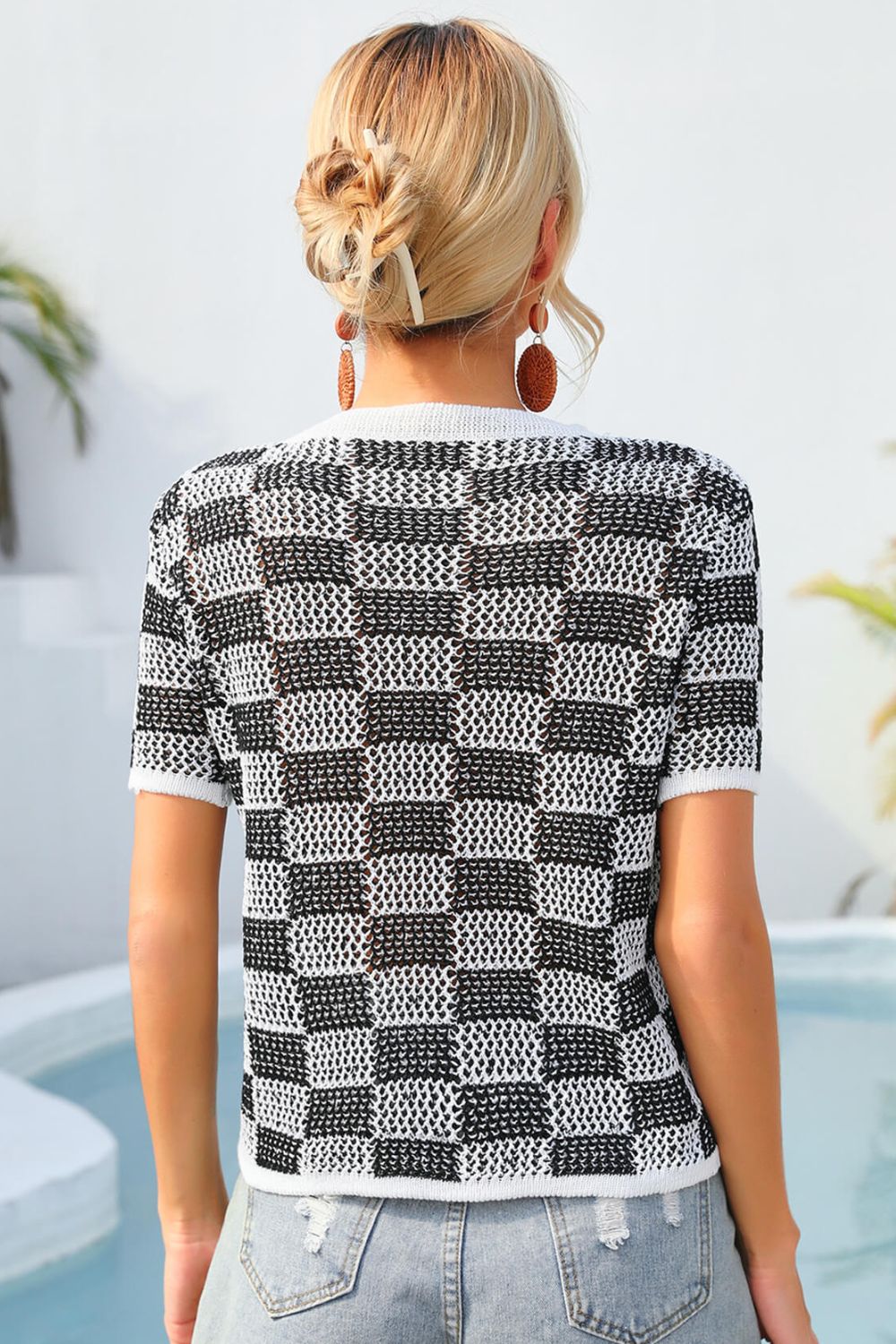 Women's Checkered Short Sleeve Knit Top