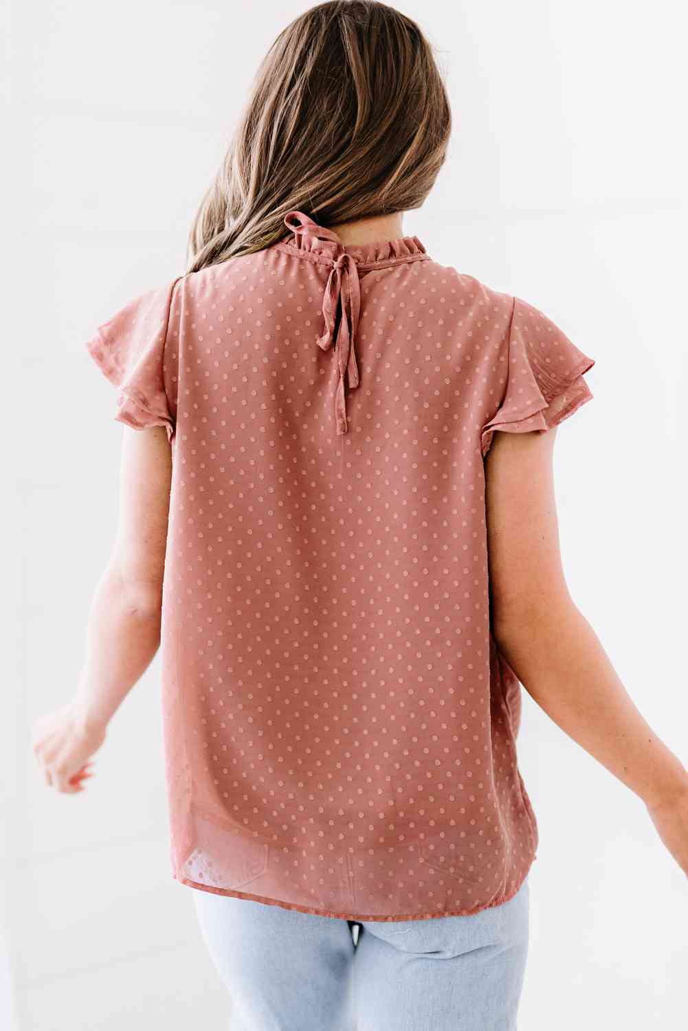 Polka Dot Smocked Flutter Sleeve Blouse