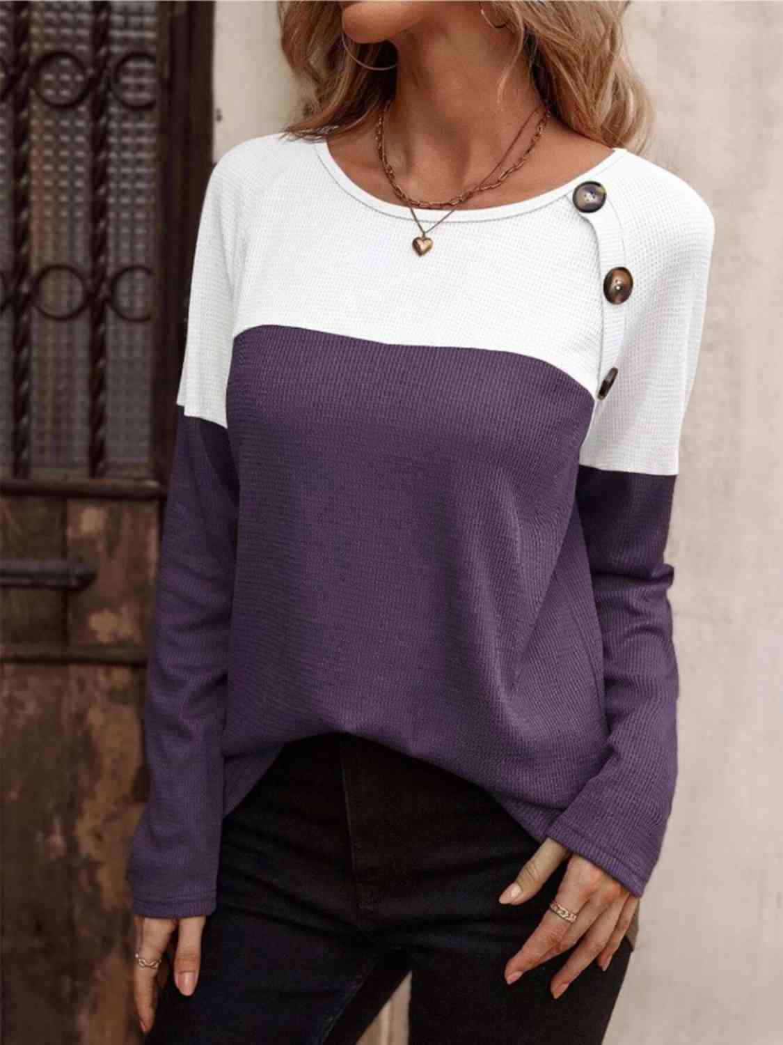 Contrast Round Neck Long Sleeve T-Shirt