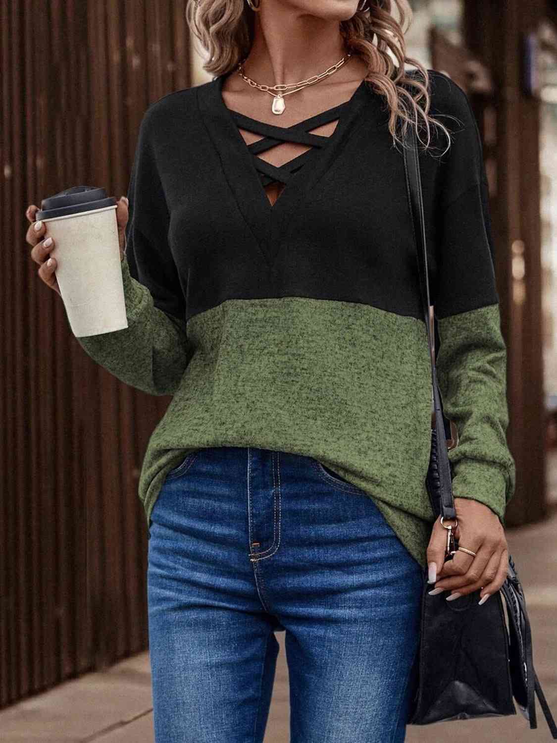 Full Size Two-Tone Crisscross Detail Sweatshirt