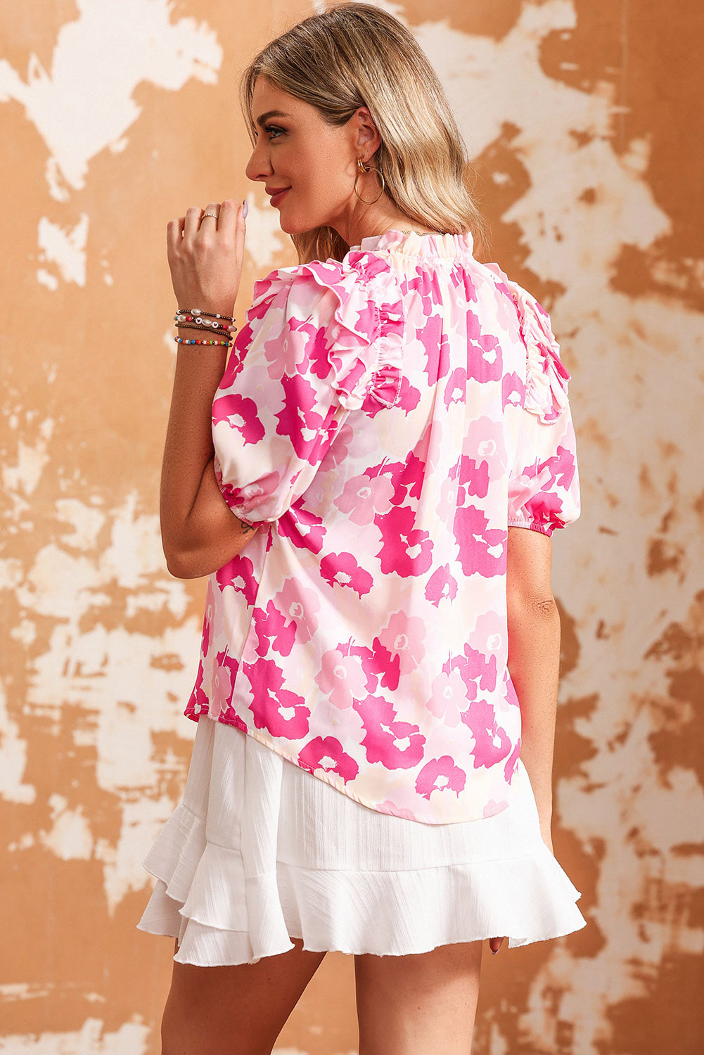 Malibu Dreams Floral Tie Neck Ruffle Shoulder Blouse