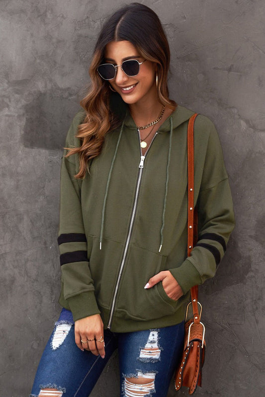 Savannah Full Size Striped Drop Shoulder Hooded Jacket with Pockets