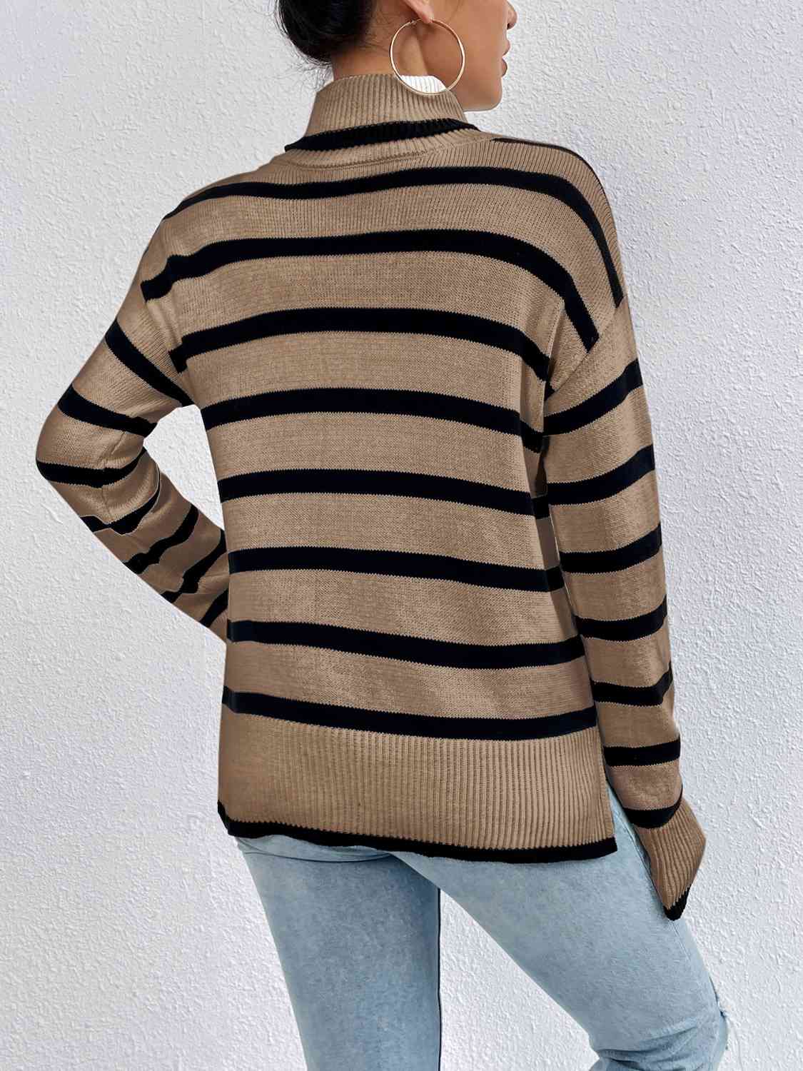 KnittedEmporium Full Size Striped Turtleneck Drop Shoulder Sweater