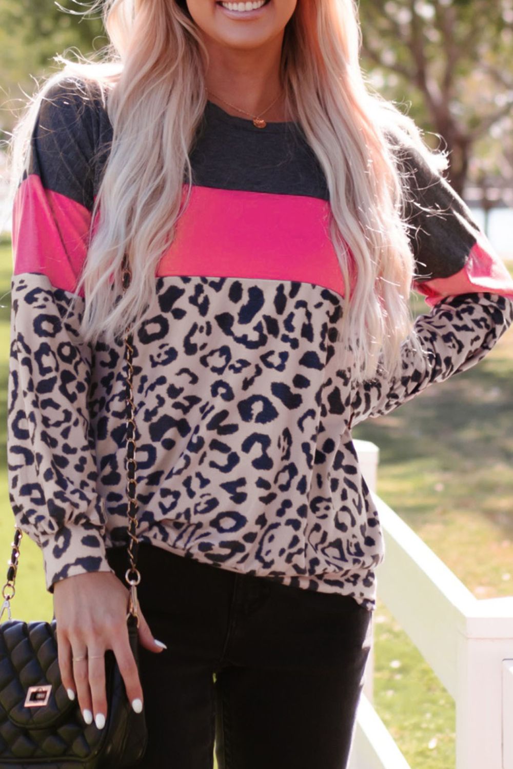 Women's Leopard Print Color Block Long-Sleeve Top