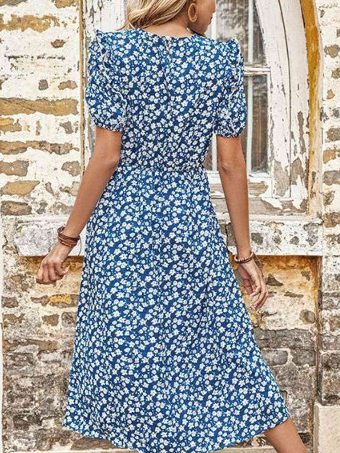 Blue Full Size Floral Round Neck Split Midi Dress