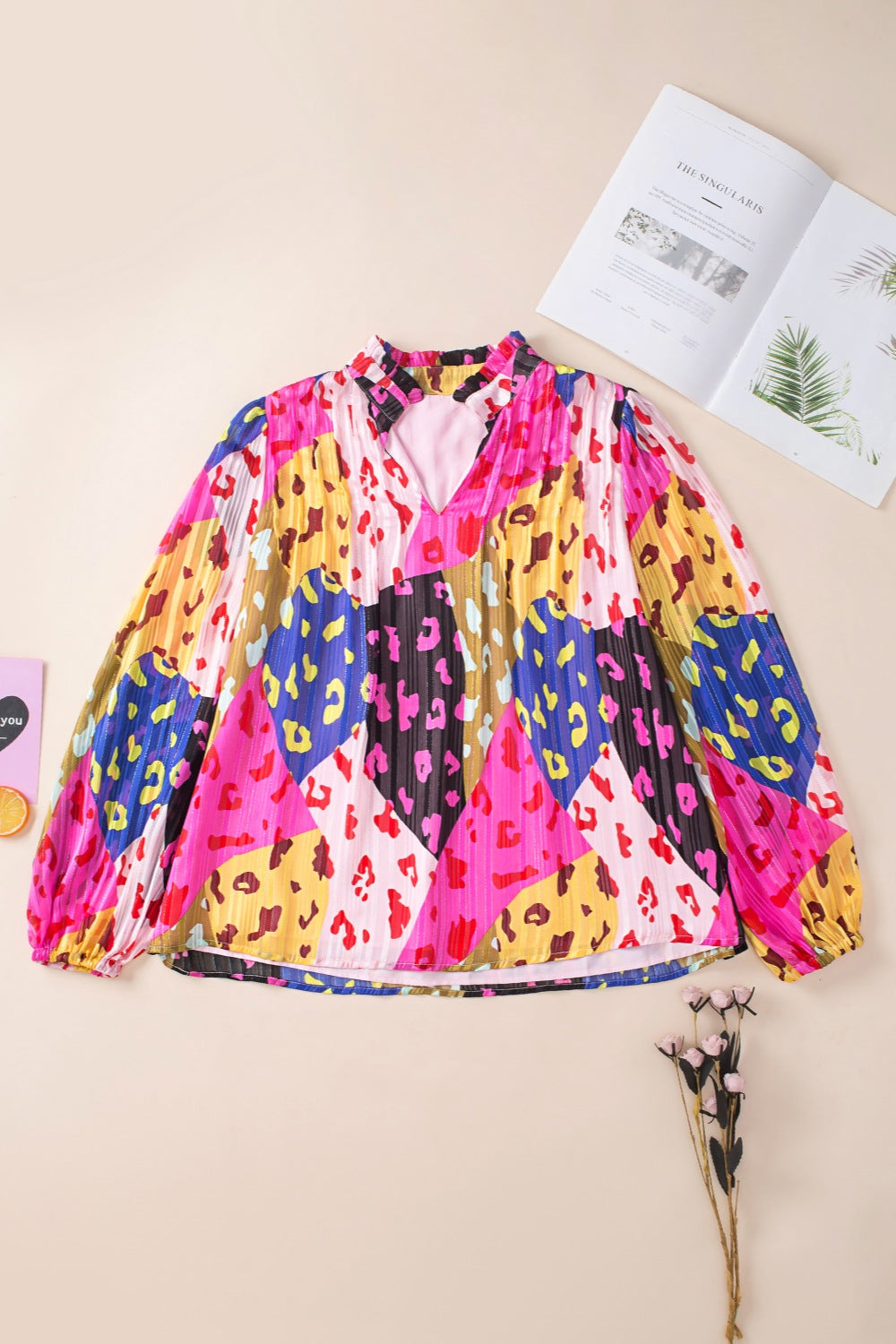 Printed Notched Long Sleeve Blouse