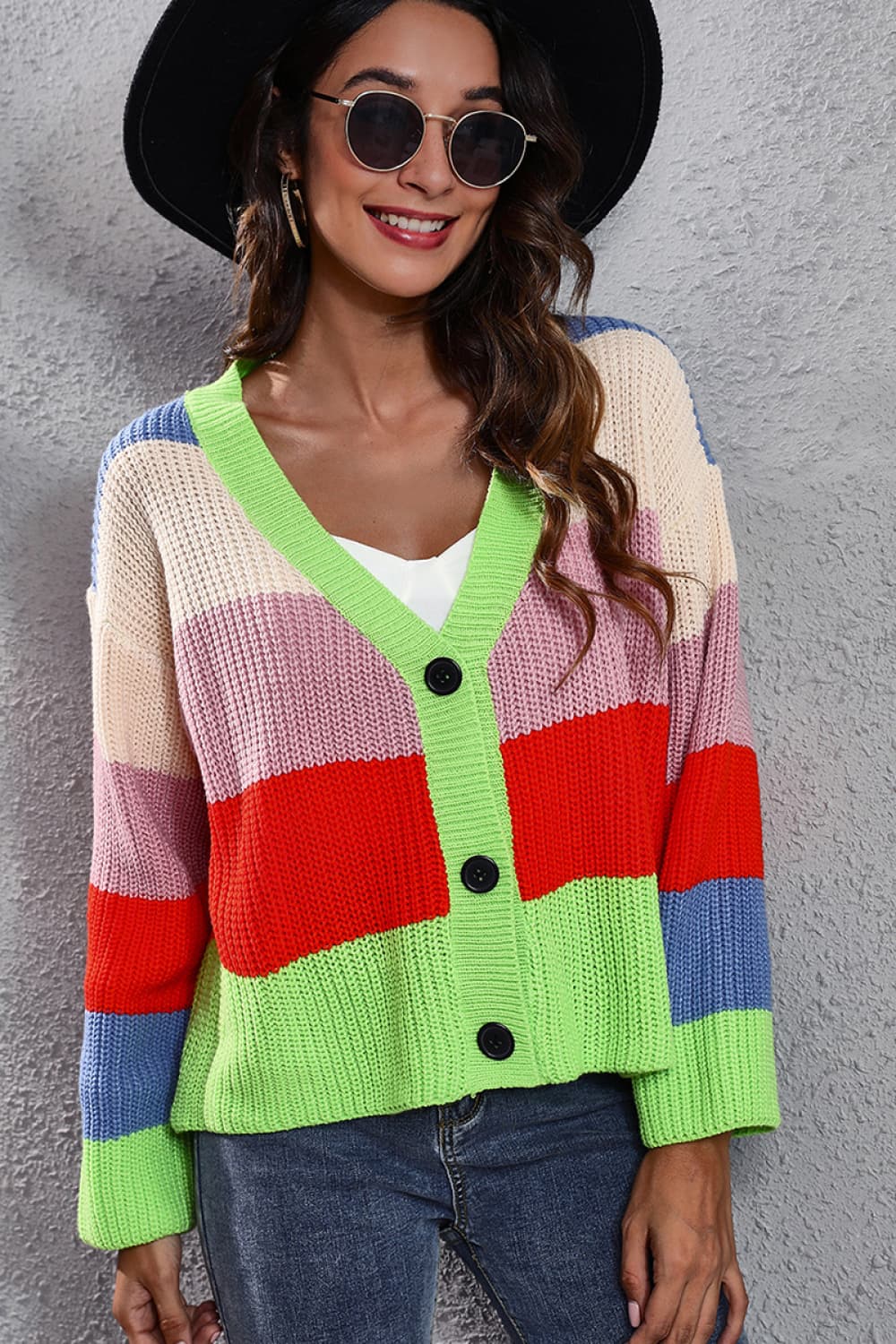 ZeldaMarie Color Block Button-Down Dropped Shoulder Cardigan