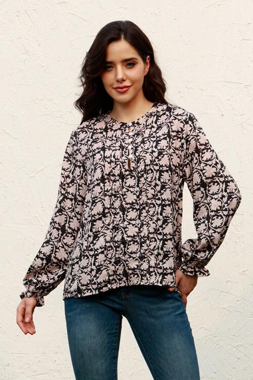 Black Floral Flounce Sleeve Round Neck Blouse