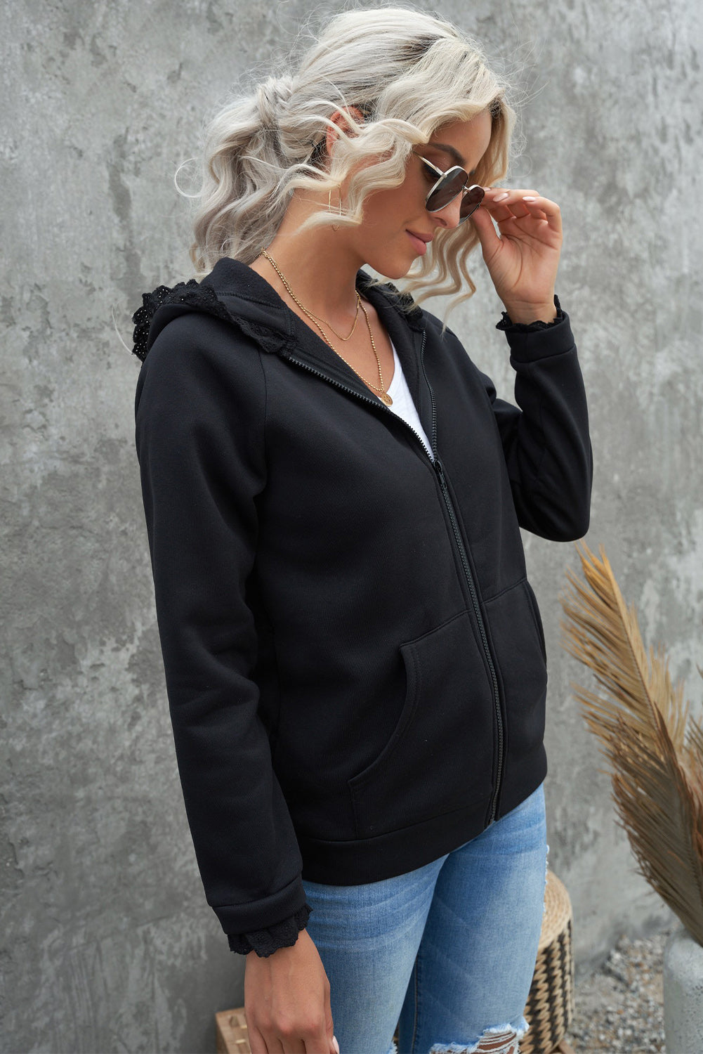 Full Size Lace Trim Zip-Up Hooded Jacket