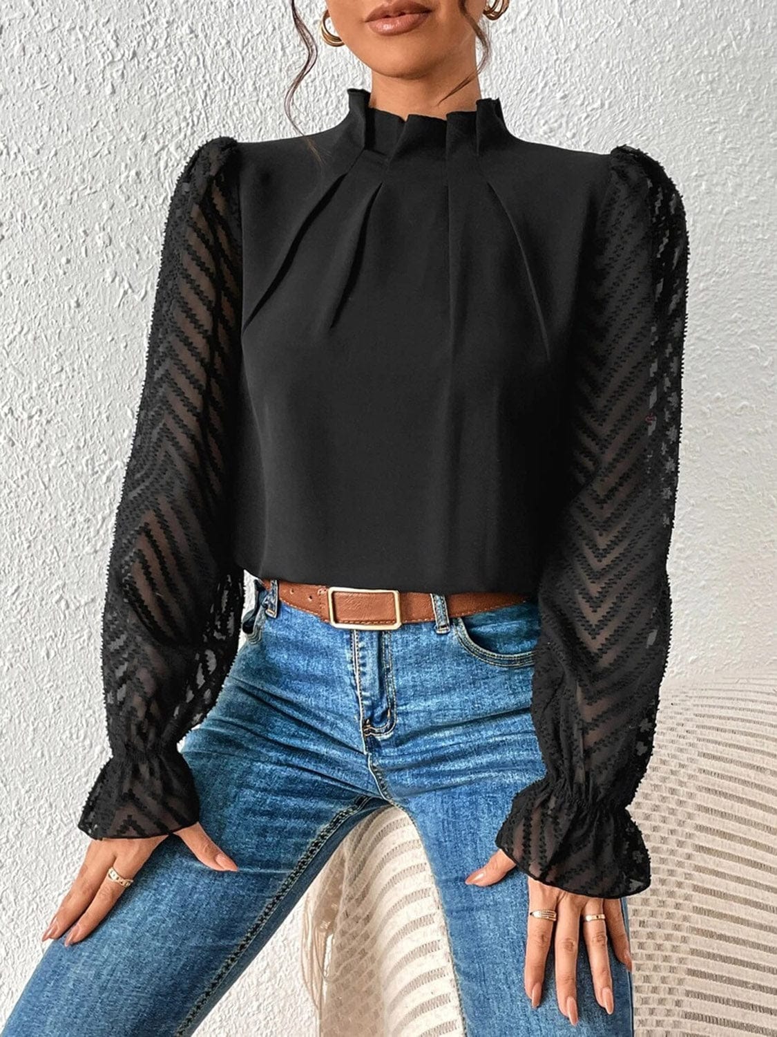 Full Size Mock Neck Flounce Sleeve Blouse