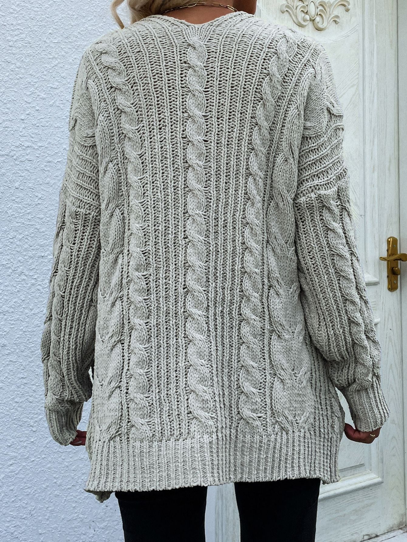 Women's Cable-Knit Open Front Cardigan with Front Pockets