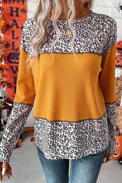 Leopard Waffle-knit Long Sleeve T-Shirt