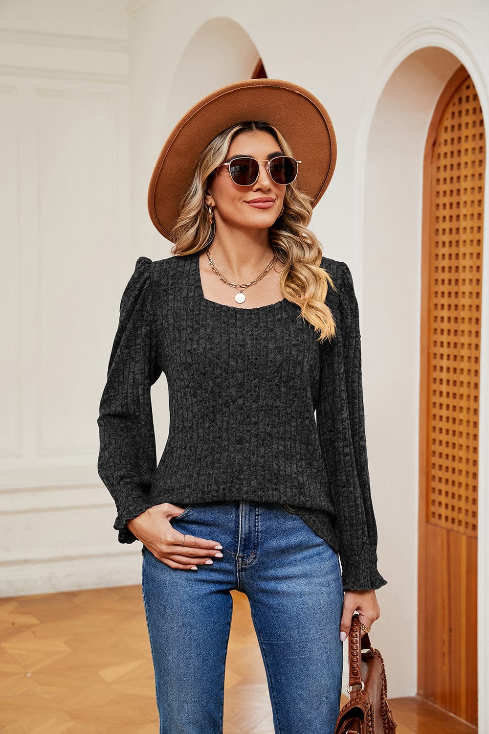 Full Size Square Neck Puff Sleeve Top