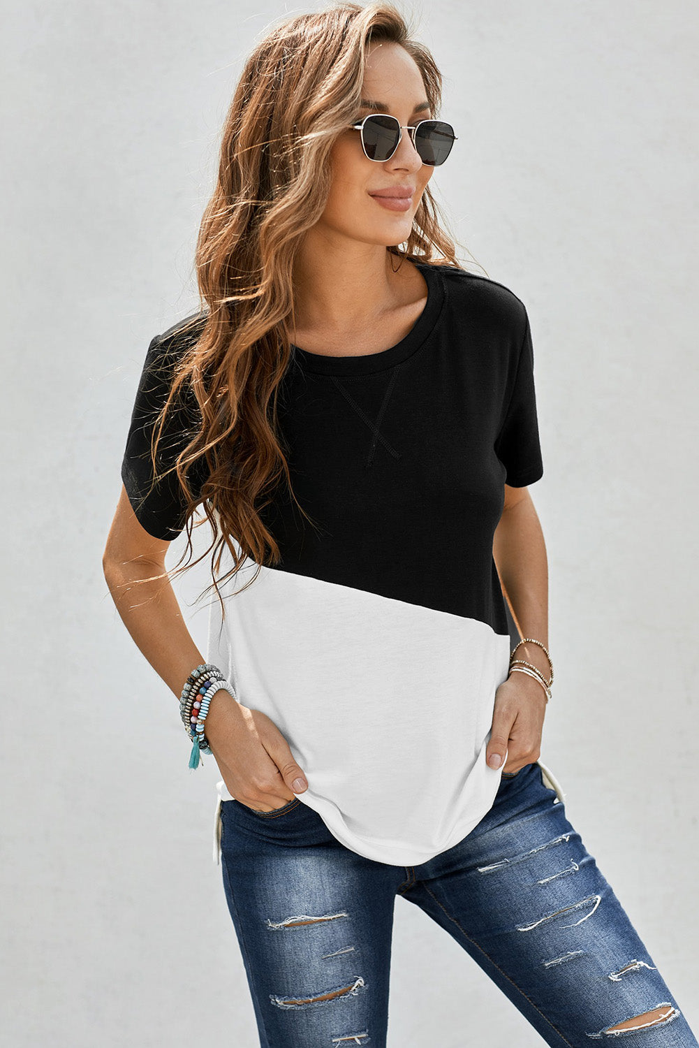 Full Size Two-Tone Round Neck Tee