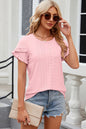 Eyelet Round Neck Petal Sleeve T-Shirt